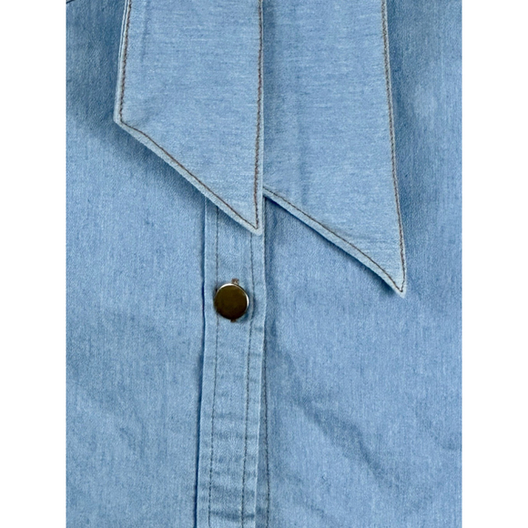 Western Button Up Shirt Womens M Blue Denim Tie Neck Bow Long Sleeve Top - Picture 4 of 7